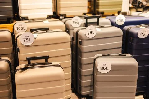 Hard Shell Suitcases in Assorted Sizes on Retail Display Фото