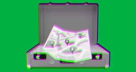 Hard-sided suitcase lying flat on transparent background, displaying travel map Vidéo 317479452