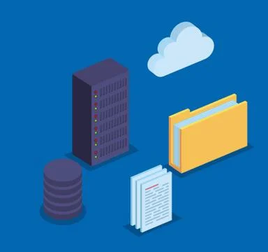 Hard storage tower server with cloud data and documents Illustrazione stock