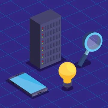 Hard storage tower server with smartphone and magnifying glass 스톡 일러스트