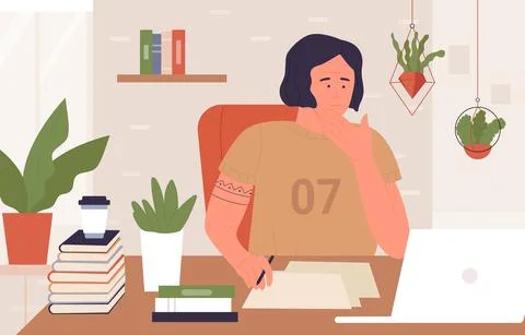 Hard study, prepare for exam test, sad tired student boy sitting at table with Stock Illustration