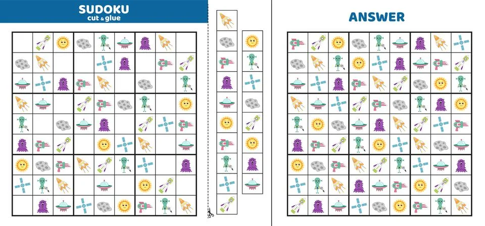 Hard sudoku with nine space elements. Game puzzle for little kids. Cut and glue Stock Illustration