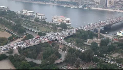 Hard traffic road at the evening in Cairo. Aerial view Stock Footage 10001314