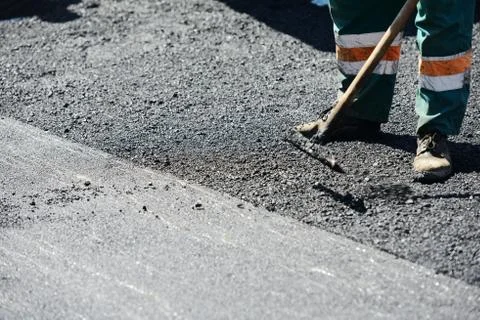 Hard work on asphalt construction Foto stock