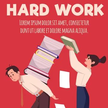 Hard work poster with boss loads the employee with tasks, flat vector. 스톡 일러스트