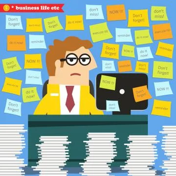 Hard work in progress, paperwork piles around Stock Illustration