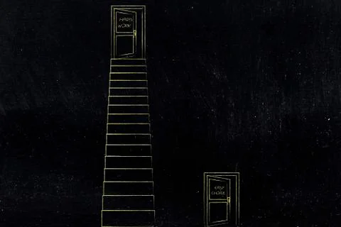 Hard work vs easy path choice with door up stairs metaphor Stock Illustration