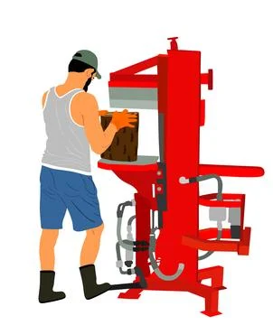 Hard worker man chops firewood on wood splitter Stock Illustration