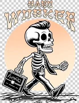 Hard Worker Walking Skeleton Illustration for T-shirt and Products Print. Stock Illustration