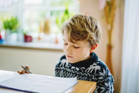 Hard-working happy school kid boy making homework during quarantine time from Stock Photos