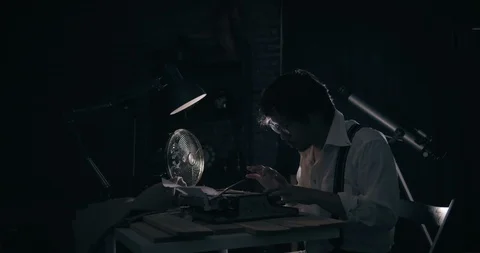 Hard Working Man Typing on Old Typewriter at Dark Night. Stock Footage 114265443