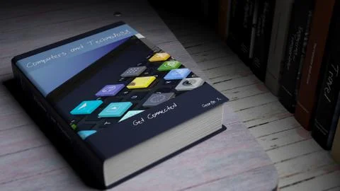 Hardcover book on Computers and Technology with illustration on cover, on woo Illustrazione stock