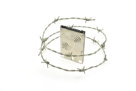 Harddisk behind barbwire - illustration of data security concept Stock Photos