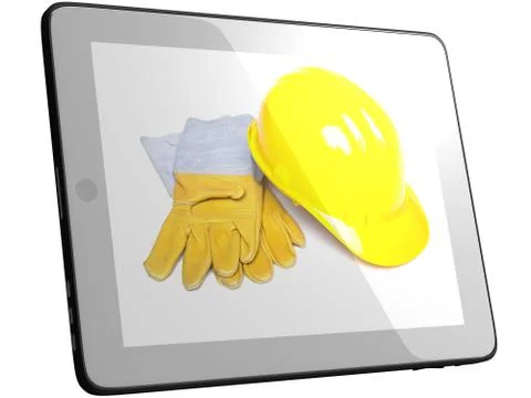 Hardhat and Glowes On Tablet Computer Screen Stock Photos