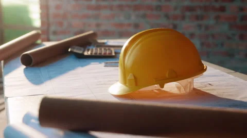 Hardhat, architecture and blueprint on table with safety documents, construction Stock Footage 336189722