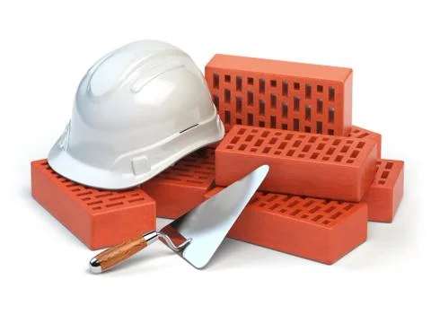 Hardhat,  bricks and trowel  isolated on white. Costruction concept. Stock Illustration