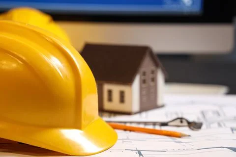 Hardhat with house plan on engineer's desk in office, closeup Stock Photos