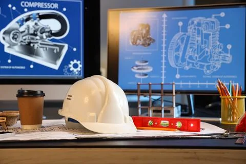 Hardhat with house plan on engineer's desk in office Stock Photos