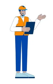 Hardhat indian supervisor giving instructions with tablet 2D cartoon characte Stock Illustration