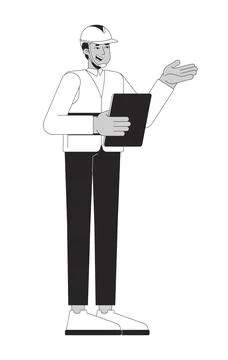 Hardhat indian supervisor giving instructions with tablet bw 2D line characte Stock Illustration