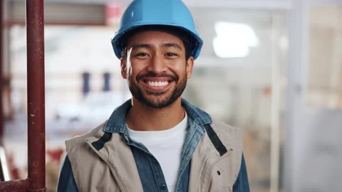Hardhat, man and face of construction worker on site with confidence for Stock Footage 341663365