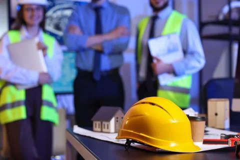 Hardhat on table against engineers in office at night, closeup Stock Photos