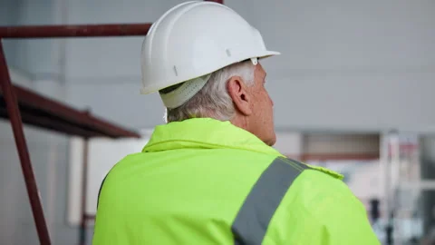 Hardhat, thinking and construction worker on site by scaffolding for property Stock Footage 341563660