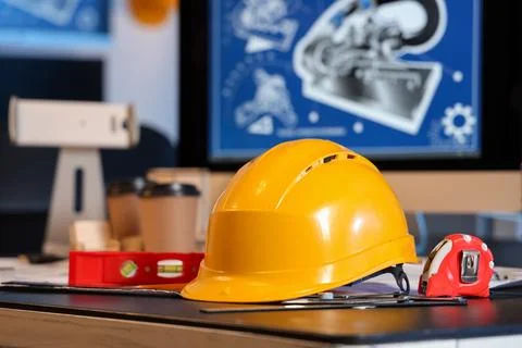 Hardhat with tools on engineer's desk in office, closeup Stock Photos