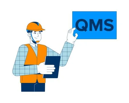 Hardhat worker explaining quality management system 2D cartoon character Stock Illustration