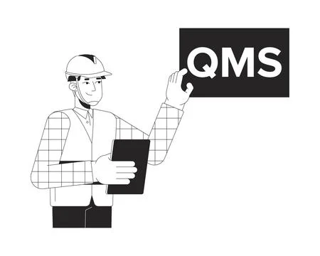 Hardhat worker explaining quality management system bw 2D line character Stock Illustration