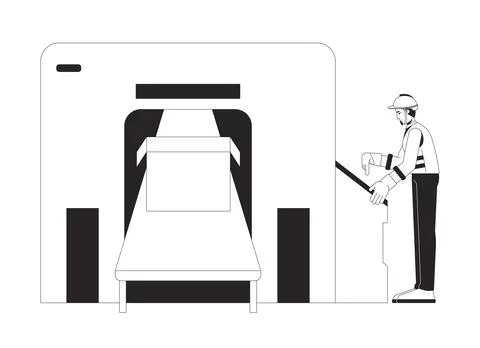 Hardhat worker operating industrial packaging machine bw 2D line character Illustrazione stock
