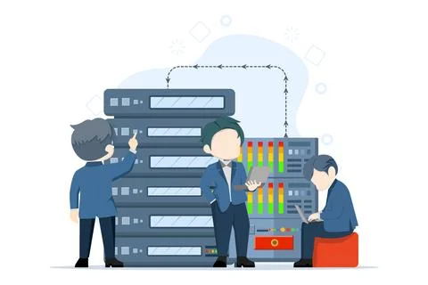 Hardware and software maintenance concept, People working on problem location. Stock Illustration