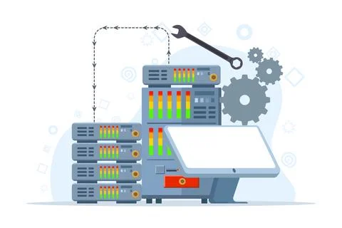 Hardware and software maintenance concept, People working on problem location. Stockillustratie