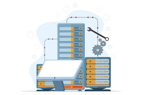 Hardware and software maintenance concept, People working on problem location. Stock Illustration