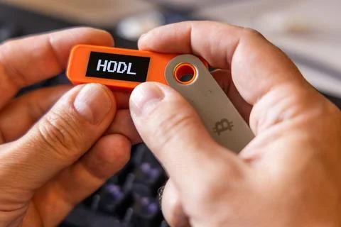 Hardware Bitcoin wallet in a hands with message Hodl on screen Photos