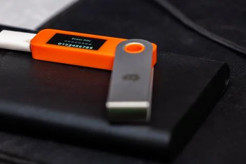 Hardware Bitcoin wallet with message Enter PIN Stock Photos