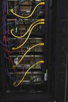 Hardware, cables and computing equipment in server room for database storag.. Fotos Stock