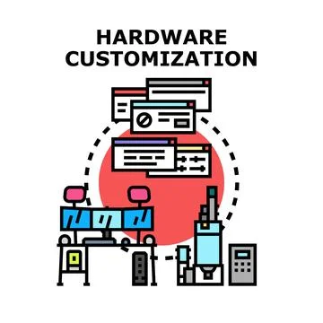 Hardware customization concept with computer and production equipment 库存插图