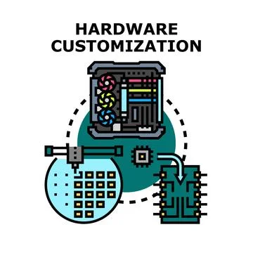 Hardware customization concept with computer components and microchip produ.. Stock Illustration