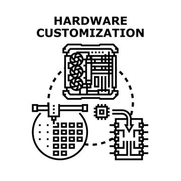 Hardware customization process involving computer components. Microchip manuf Ilustración de archivo