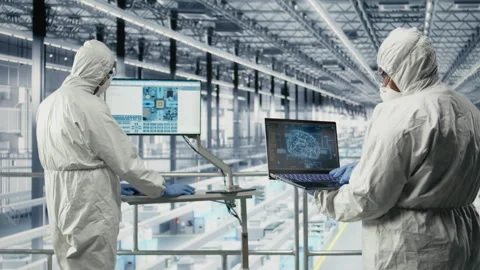 Hardware designers in microchip smart factory use laptop to analyze readouts Stock Footage 333382621