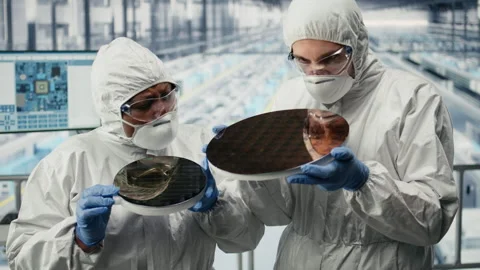 Hardware developers in microchip factory using AI to optimize semiconductor Stock Footage 333382784