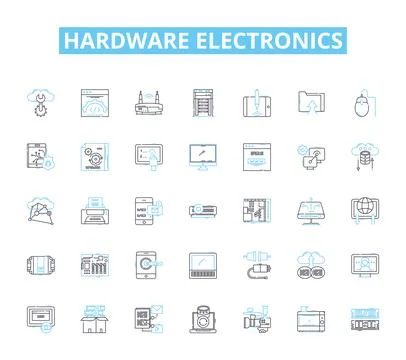 Hardware electronics linear icons set. Circuitry, Microcontroller, Capacitor Illustration