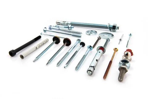 Hardware elements over isolated white background Stockfoto's