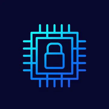 Hardware encryption line vector icon with chipset Stockillustratie