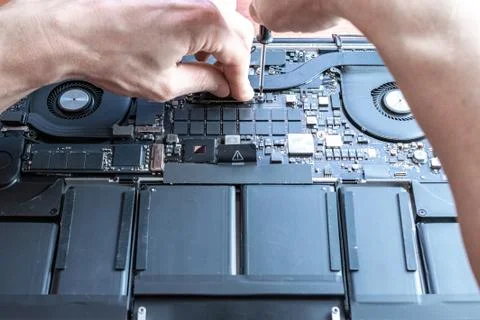 Hardware engineer technology maintenance. Computer chip electronic repair. Man 스톡 사진