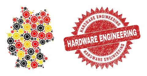 Hardware Engineering Distress Stamp and German Map Mosaic of Cog Items in German Stock Illustration