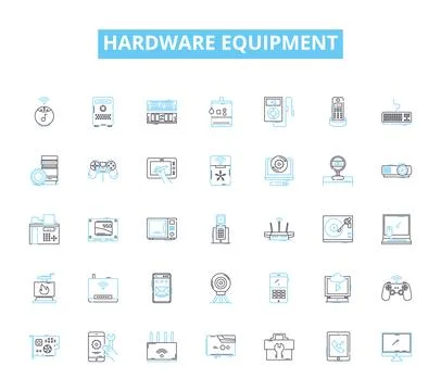 Hardware equipment linear icons set. Processor, Graphics, Motherboard, Memory Stock Illustration