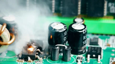 Hardware Malfunction: Abstract of a Damaged Computer PCB engulfed in smoke Stock Footage 318445172
