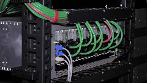 Hardware room of a manufacturing plant with server blocks and cables Stock Footage 222966090